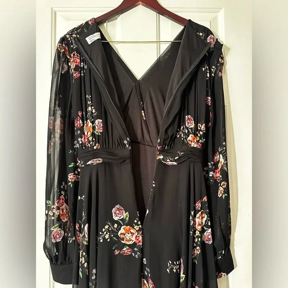 IEENA FOR MAC DUGGAL Belted Floral Print Illusion Long Sleeve Gown Black Size 12 - Picture 11 of 16